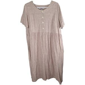 Rare Vintage FADS Linen Blend Peach & Cream Stripe Short Sleeve Maxi Dress 26W